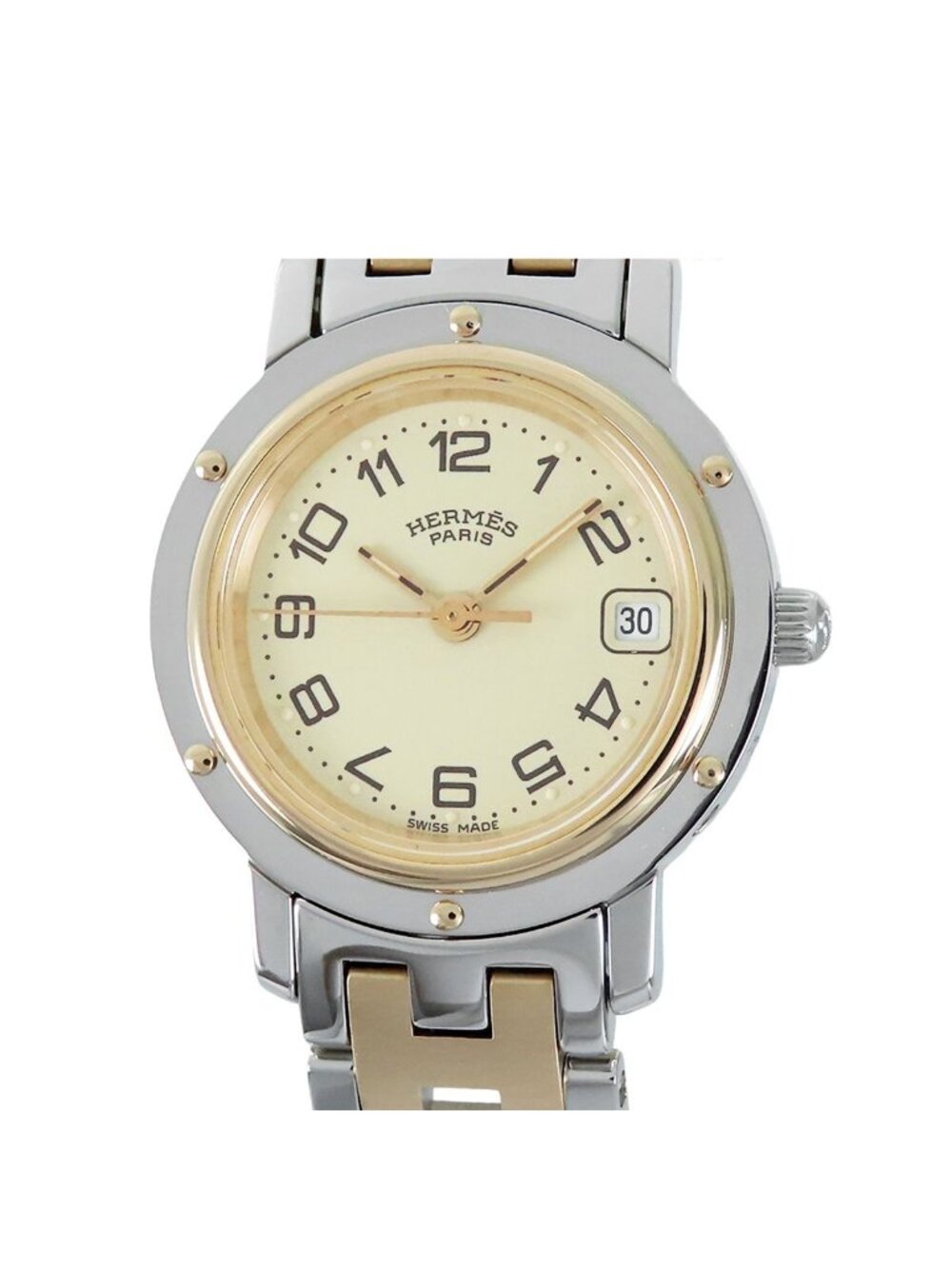 Hermes Clipper Ivory SS Date Box Watch